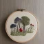 Placeholder: exquisite whimsical woodland in embroidery hoop, intricate, highly detailed, linen and wood backdrop