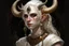 Placeholder: A young tiefling woman with a set of ram horns on her head encrusted with jewels, White-Blonde hair, black eyes, no pupils, dressed in white and gold with lots of jewelry