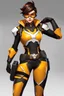 Placeholder: Conceptual artwork for an Overwatch character skin that envisions Tracer from Overwatch as a Power Ranger, helmet included, maintaining the original color scheme and elements of her primary attire.