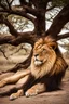 Placeholder: A majestic lion with a flowing mane, relaxing under a tree.