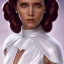 Placeholder: stunning half-body portrait photo of princess leia from Star Wars, hazel iris, wlop, artgerm, akihiko yoshida, and liang xing, detailed face, doe eyes, intricate braided hair style, symmetrical eyes, trending on artstation, highly detailed, white dress, dynamic pose, intricate outfit, space ship and galaxy background