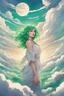 Placeholder: concept art of a beautiful woman with green hair, clouds, detailed digital artwork, illustrative, key visual, highly detailed, cinematic composition, sense of freedom and liberation, breaking free, holy light, majestic, magical, high contrast