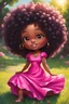 Placeholder: An expressive oil painting image of a chibi black cartoon of a curvaceous woman with flowing of tight curly afro of black hair that's highly detailed, wearing a hot pink maxi dress. She sits relaxed on the grass facing the warm sunlight, which illuminates her face as she looks to the side with a small smile, accentuating her prominent makeup and brown eyes. with green and hot pink roses all around