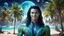 Placeholder: beautiful gorgeous young man na'vi with long hair, Avatar, blue skin, two small ears, green eyes, black hair, in cosmic suit, galactic ambiance, smiling, with spaceship and planets and palm trees and clear crystaline cosmic beach in background