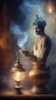 Placeholder: The aladin genie out of an old oil lamp in , Smokey ethereal, heavenly background