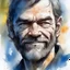 Placeholder: dnd, fantasy, watercolour, large strokes, stylistic, portrait, illustration, male, face, weathered face, sly, violent, evil, smiling