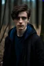 Placeholder: Beautiful young Bad Boy standing in the wood with black clothes. He has no beart and a sharp jawline and nose. He has Blue eyes and dark Brown Wave Hair.
