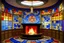 Placeholder: A light periwinkle rotunda with mystical flames designed in African pottery painted by Piet Mondrian