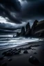 Placeholder: Reynisfjara Black Sand Beach, Iceland : A dramatic black sand beach with towering basalt columns, rendered in oil paint with thick impasto strokes to capture the rugged texture of the rocks. The sky is dark and stormy, with lightning illuminating the scene. Use a palette of cool tones to create a moody atmosphere, and incorporate a sense of awe and wonder through the dramatic contrast between the dark sky and the bright lightning. Rule of thirds, golden ratio, a giant spaceship hovering above