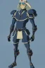 Placeholder: male dark elf, ebony skin, shoulder length white hair, blue eyes, arms crossed, and wearing a golden steampunk exoskeleton powered by gears, in dark fantasy style