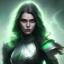 Placeholder: fantasy setting, dark-skinned woman, indian, green and black wavy hair, magician