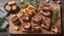 Placeholder: Grilled pork steak pieces with a sprig of rosemary, pepper and salt, fried pieces of bread on a wooden board. Horizontal orientation