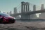 Placeholder: A Tesla 'Model Y' is parked, near the 'Pier 11' in Manhattan. (CINEMATIC, WIDE ANGLE LENS, PHOTO REAL)