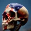 Placeholder: a picture of a dark, comedic, anatomically correct wall of red white and blue tightly packed stacked skulls of varying sizes and expressions, photo realistic, insanely meticulous, highly detailed, part of a collection of bones on display, 64k, dystopian, vray, anatomically correct