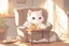 Placeholder: cute fluffy chibi cat reads sitting in a big soft armchair, covered with a plaid blanket, a teapot and steaming tea on a small table next to her, in sunlight. The fire in the fireplace is blazing.