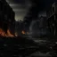 Placeholder: representación de un mundo en ruinas con edificios en llamas, calles llenas de escombros y cuerpos tirados en el suelo en colores oscuros y sombríos, sensación de miedo y desesperanza