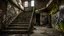Placeholder: A dark, grimy, and derelict indoor space with a central focus on a rusty metal staircase. The walls are rough, uneven, and appear to be made of concrete or stone, with visible signs of decay and weathering. There are various openings and doorways leading off from the main area, some with dilapidated doors. Graffiti or markings are present on some of the walls. The floor is a mix of dirt, debris, and some wooden planks. A fluorescent light fixture hangs from the ceiling, casting a harsh, utilitar