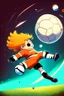 Placeholder: A person playing soccer in space scores a goal on Jupiter cartoon 2d