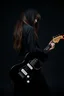 Placeholder: pretty goth girl(dressed in black flowing robes) facing viewer, playing electric rock guitar, leaning back, dark background, photo realism