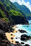 Placeholder: Hidden Beach, Kauai, Hawaii : A secluded beach on the north shore of Kauai, with lush green mountains rising from the ocean. The waves crash against the rocky coastline, creating a dramatic and powerful scene. Use impasto techniques to create a textured, rugged feel for the rocks, and employ chiaroscuro lighting to highlight the dramatic contrast between the dark cliffs and the bright sunlight.