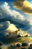 Placeholder: Nature, hills in the background, many mansions in the nature and on the hills, majestic mansions, the sky is (((very cloudy))) with the ((sun behind clouds)) bringing down (((golden sun rays from the clouds))) down, silver-gold-blue clouds, sharp, focused, enhanced, detailed, all houses and mansions are touched ((by golden sun ray)), digital painting, digital illustration, extreme detail, digital art, ultra hd, beautiful fantasy landscape, cosmic sky, fantasy by john stephens, magical, detailed