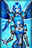 Placeholder: a person in runic armor with blue wings, blue short hair, runic tattoo and spell book