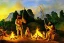 Placeholder: caveman holding a club, cave, cave bear, campfire, stone age, Impressionism, masterpiece, mellow, dawn,