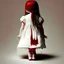 Placeholder: A girl's doll wearing a white dress with red blood bleeding from the back