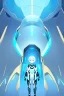 Placeholder: Young woman with golden eyes and light blue short hair, futuristic clothing