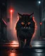 Placeholder: high detail, high resolution, sharp focus, very large Norwegian wild cat, glowing red eyes, in the street of a dark deserted city, aggressive, foreboding, creepy, japan, fog, My Hero Academia