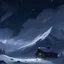 Placeholder: anime style snowy mountain in a blizzard with dark skys and a small cabin in the background