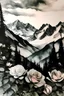 Placeholder: Roses in front of the Rocky Mountains; Ink wash with blush pink