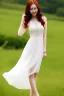 Placeholder: full shot body of Woman portrait with fairly pale skin , green eyes, long auburn hair, and wearing a pretty lace dress . Her outfit is a sexy dress , nice sport shoes. country side ,small lake with a hose in side,