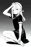 Placeholder: little blonde girl on her knees holding her hands on her head, grayscale