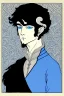 Placeholder: young black haired blue eyed wizard in the style of aubrey beardsley