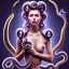 Placeholder: Medusa combing her snakey hair with a Banana. In the background are 4 puppies playing with some kittens