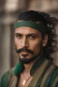 Placeholder: Photo Of A Man with tanned skin, Shaved Sides with Long Parted Hair, goatee and all hair is in green color, more long hair, goatee in brown colour without mustaches, brown eyes, more old, 30-years-old, , Highly Detailed 8k, Intricate, Nikon D