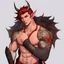 Placeholder: A Young Adult Male. A unique blend of Wood Elf and Red Tiefling features. His handsome face contrasts with the Yakuza dragon tattoos that completly cover his back, arms, and legs. He is wearing a torn coat. A physique that is strong and well-built, resembling a Fighter.