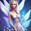 Placeholder: Fantasy cute fairy with wings, smiling, blue eyes, make up, long blond platinum hair, crown, beautiful dress, flowers in background, HQ