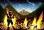 Placeholder: caveman holding a club, cave, cave bear, campfire, stone age, painting, masterpiece, mellow, dawn,