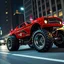 Placeholder: digital photograph, fantastical souped-up red futuristic muscle car with monster truck tires and futuristic silver hydraulics driving down a city street, car is shiny with aerodynamic features, black and gold detailing design, dramatic angle, nighttime, cinematic lighting,