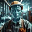 Placeholder: an very sad transparent glas man with working clothes, in a factory, nobody cares about the empty glas man, that is why he is so sad :( , he had worked 30 years in the factory and never had a salary increase, tears in his eyes, the working man is transparent, everyone see through him