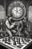 Placeholder: harlequin playing burning chess on racing field with a confused look on his face in front of a huge big old clock, in the style of Escher