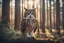 Placeholder: antropomorph cat owl in a pine forest in sunshine, ethereal, cinematic postprocessing