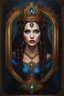 Placeholder: Gothic Gold framed painted portrait of a beautiful queen. Blue eyes, brown hair, dark fantasy