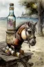 Placeholder: A rocking horse and bottled drinks by Jean-Baptiste Monge, watercolour and ink, extremely detailed, crisp quality, very attractive, fantastic view, award winning in sunshine