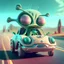 Placeholder: a cartoon alien driving a car down a road, a character portrait by Mike Winkelmann, featured on cgsociety, pop surrealism, rendered in cinema4d, daz3d, behance hd