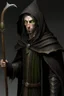 Placeholder: full length, mantle, black with, holding a spear in his hand, hood removed