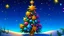 Placeholder: fantasy cartoon illustration: a golden star on top of the tall Christmas tree, decorated wit blue, red and purple Christmass balls, in the snow