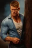 Placeholder: 3D Portrait of Alan Ritchson as Jack Reacher, perfect body, perfect face, perfect eyes, dark hair, glamorous, gorgeous, delicate, romantic, realistic, romanticism, blue tones, Boris Vallejo - daylight Background - blue skies, sunlight - dark, wood panel wall in the background - fire, fog, mist, smoke